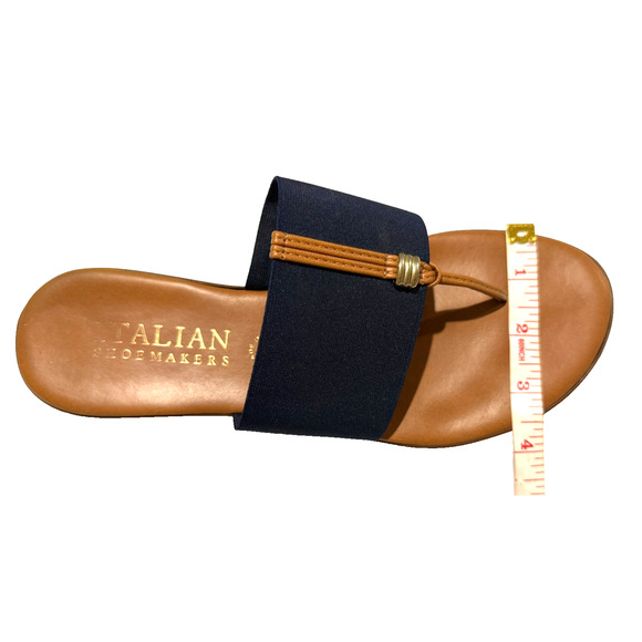 Italian Shoemakers Navy Blue Elastic Stretch Thong Sandals Gold Ring Size 9 Made - Picture 7 of 8